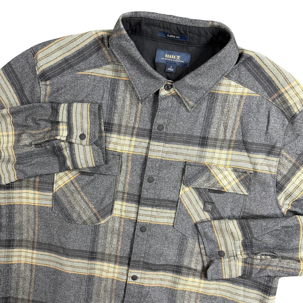 Roark Men’s Large Wool Blend Plaid Flannel Shirt Jacket Gray Green Orange